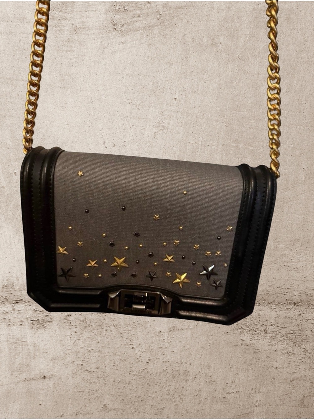 Rebecca Minkoff Stars Denim Small Crossbody Bag Purse with Gold Tone Chain